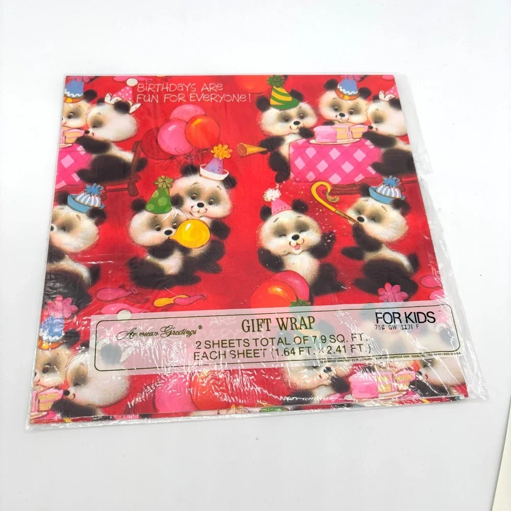 Vintage American Greetings  60s Mid Century Birthday Panda Wrapping Balloons Red